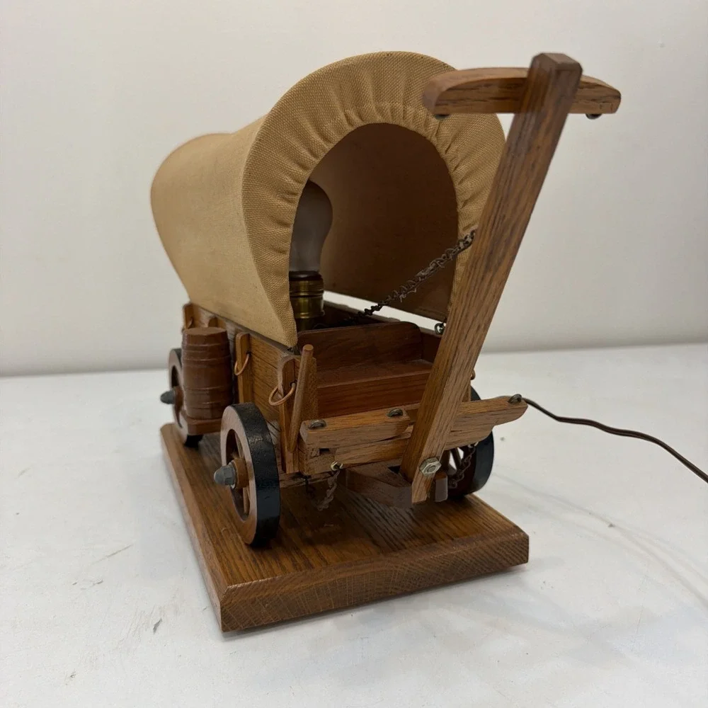 Vintage Wooden Covered Wagon Lamp Electric WORKS Western 16.5